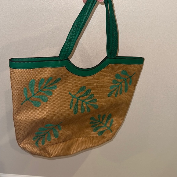 EUC Tropical Leaf Print Everyday Bag Wicker Woven Purse Handbag Beach Tote - Picture 2 of 9